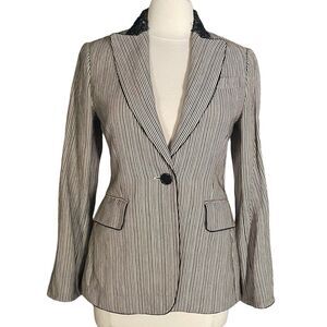 BCBGMaxazria Beaded Collar Striped Blazer Jacket Sz S Lined Black Tan and Ivory
